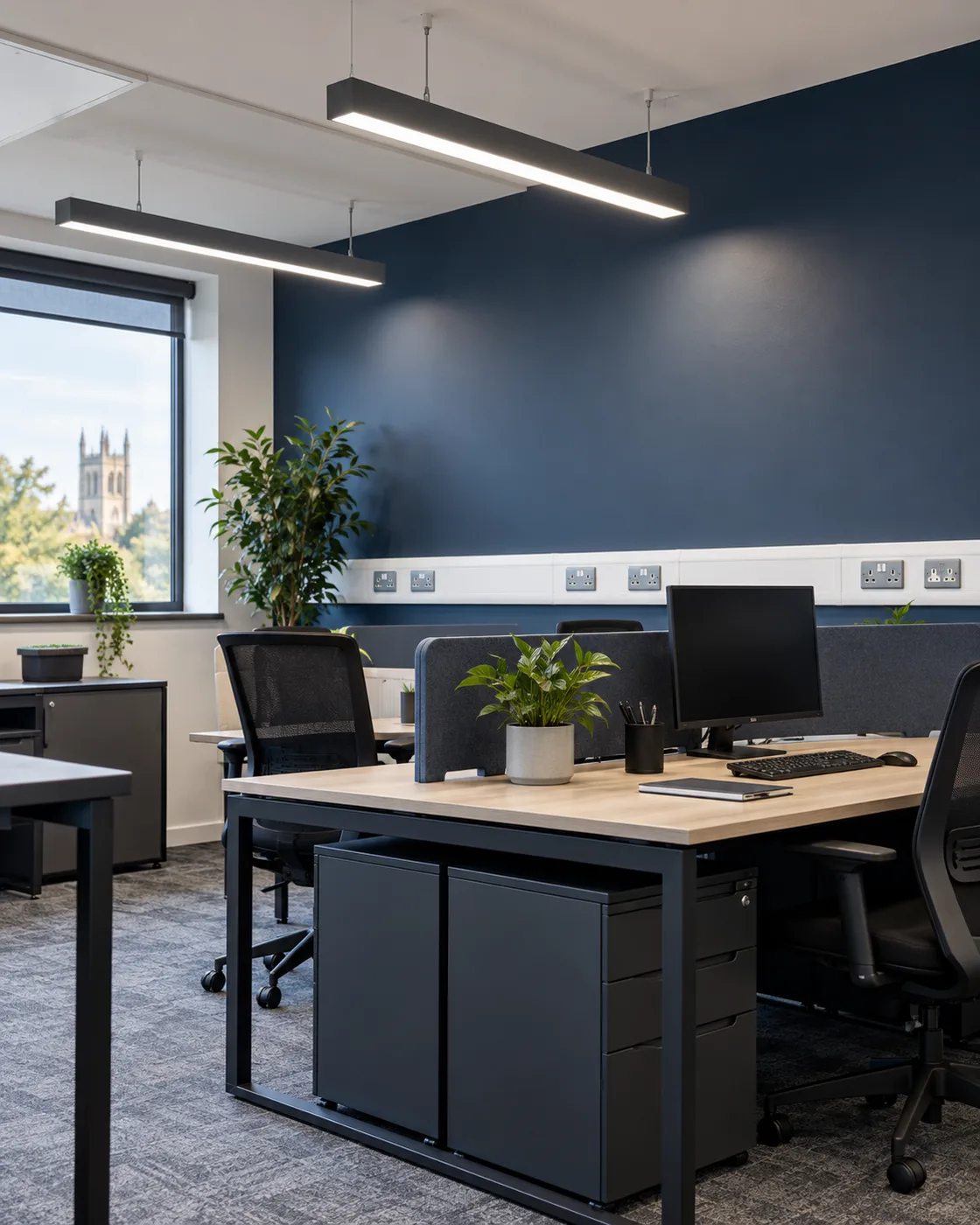 LED ceiling lighting and electrical outlets in an office