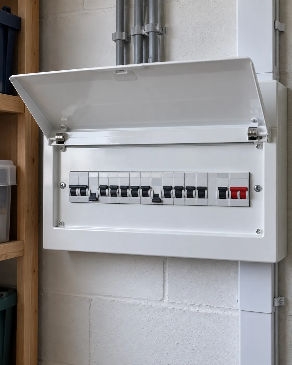Metal consumer unit with circuit breakers and enclosed wiring
