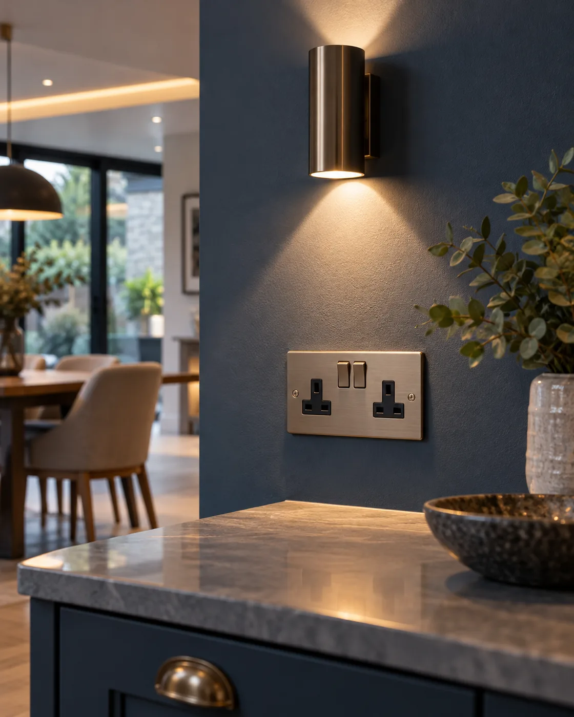 Domestic wall lighting and a double electrical socket in a home