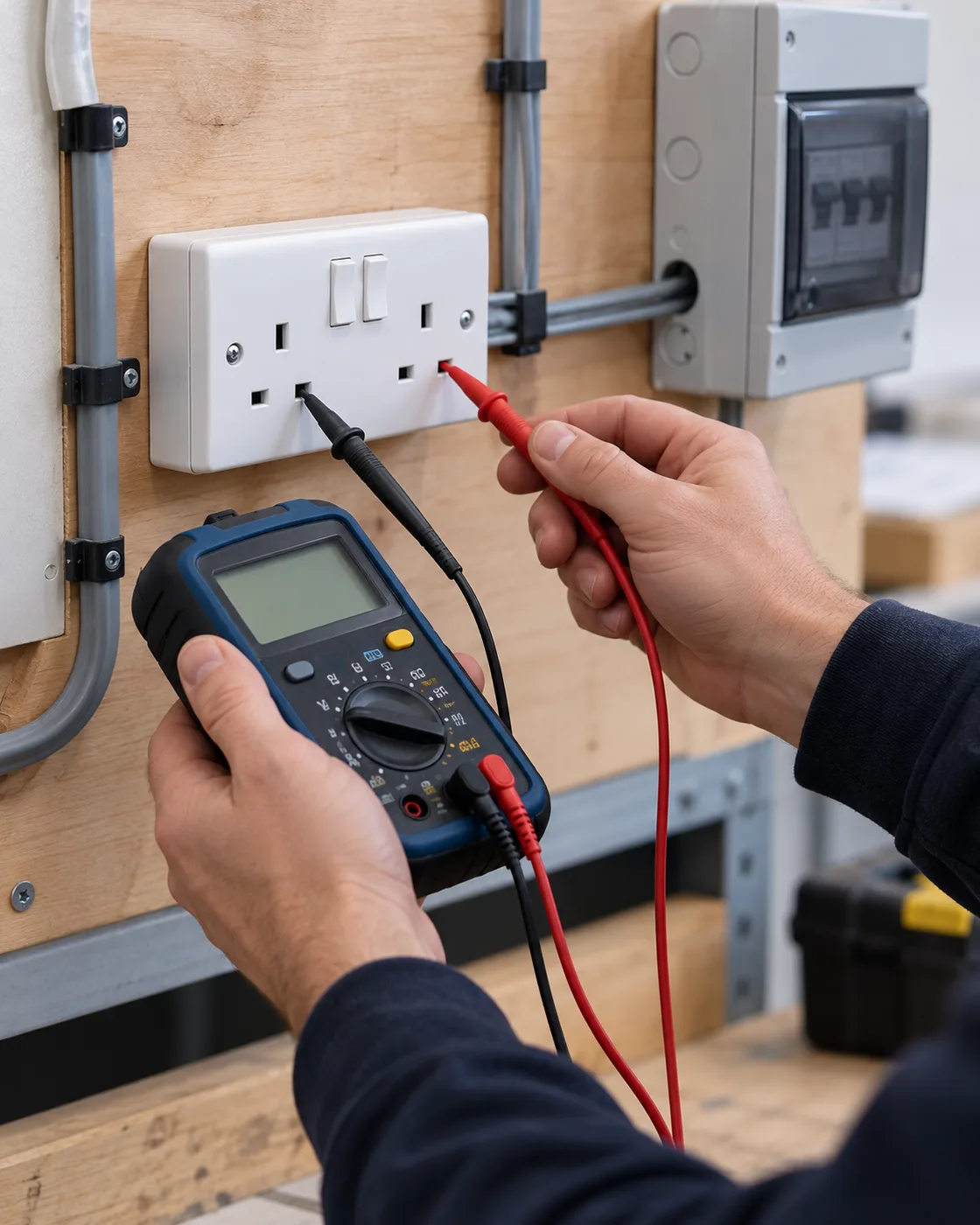 Electrical test equipment beside a socket on a demonstration board