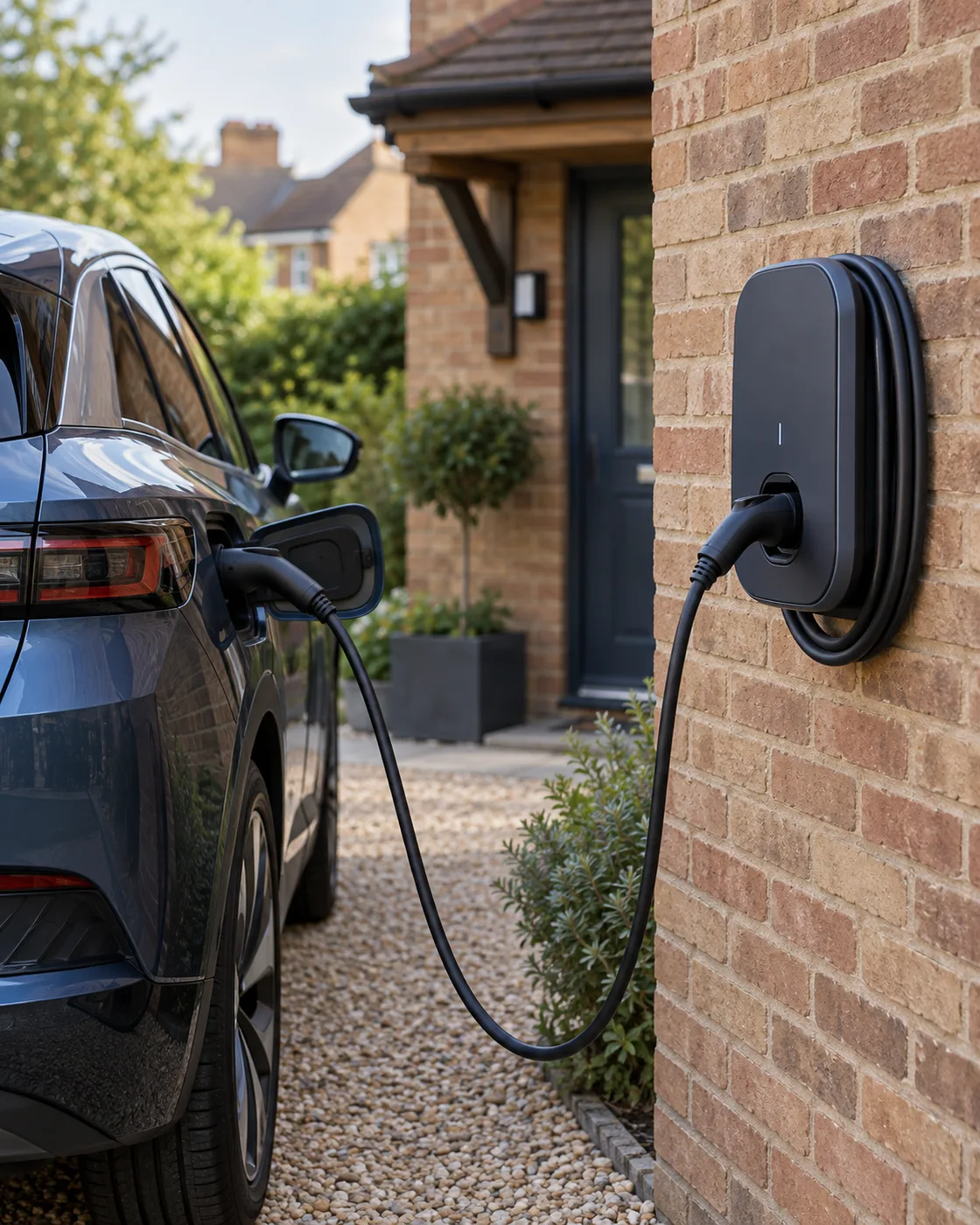 Wall-mounted EV charger connected to a car on a residential driveway