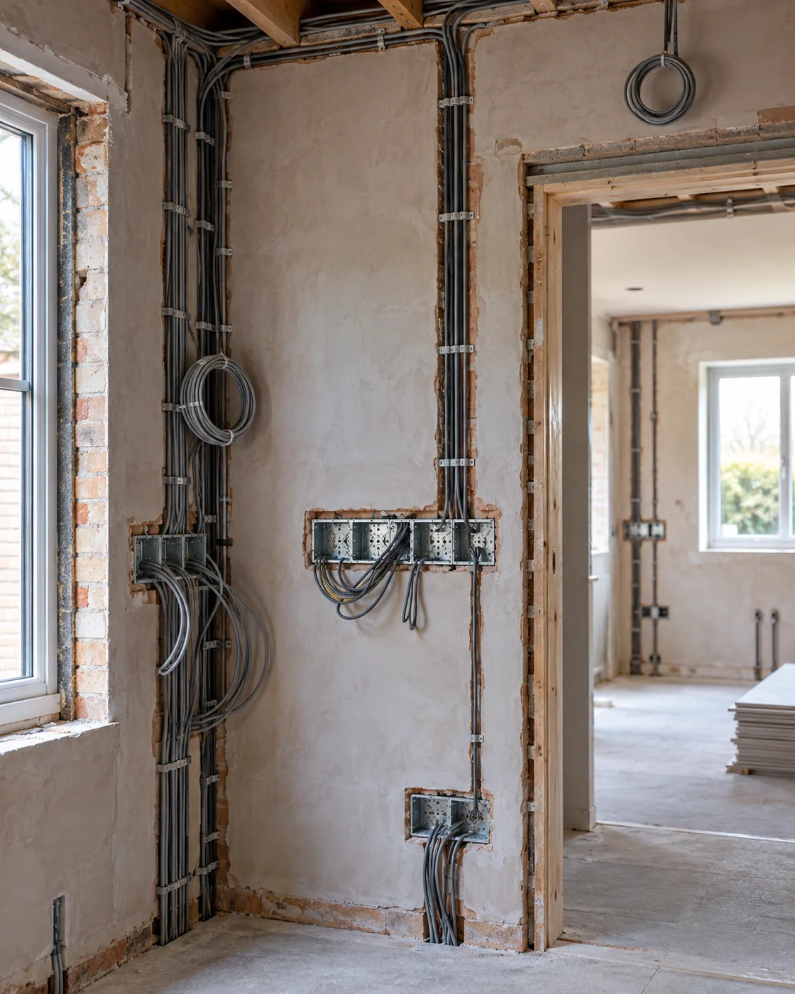 First-fix cable routes and electrical back boxes during a home renovation