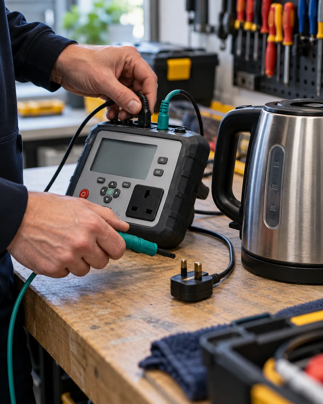 Portable appliance tester beside a kettle and a UK plug