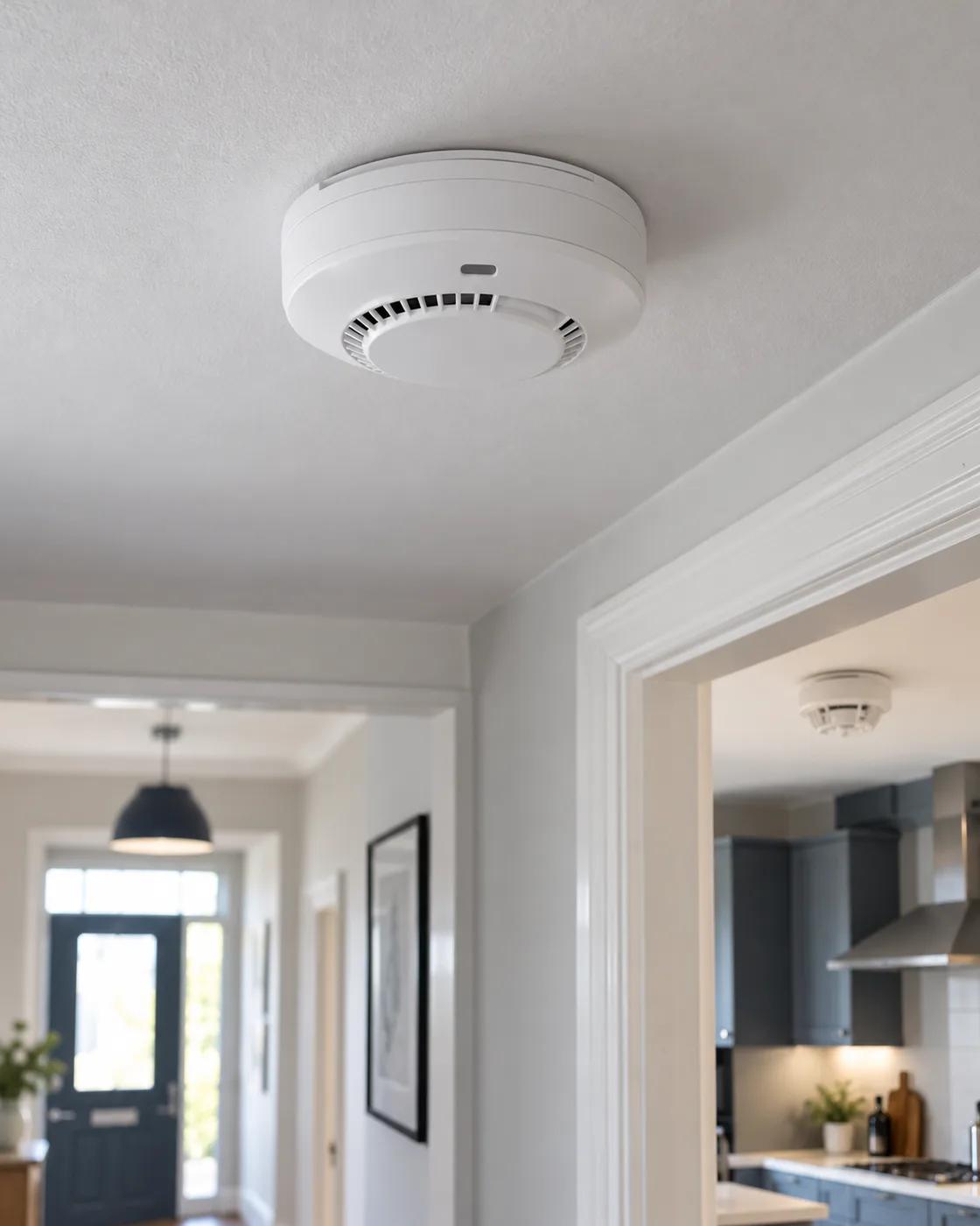 Ceiling-mounted smoke and heat detectors in a home